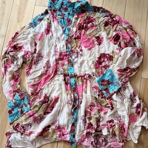 Free People Floral Boho Tunic Blouse Size M Flowy Ruffle Top